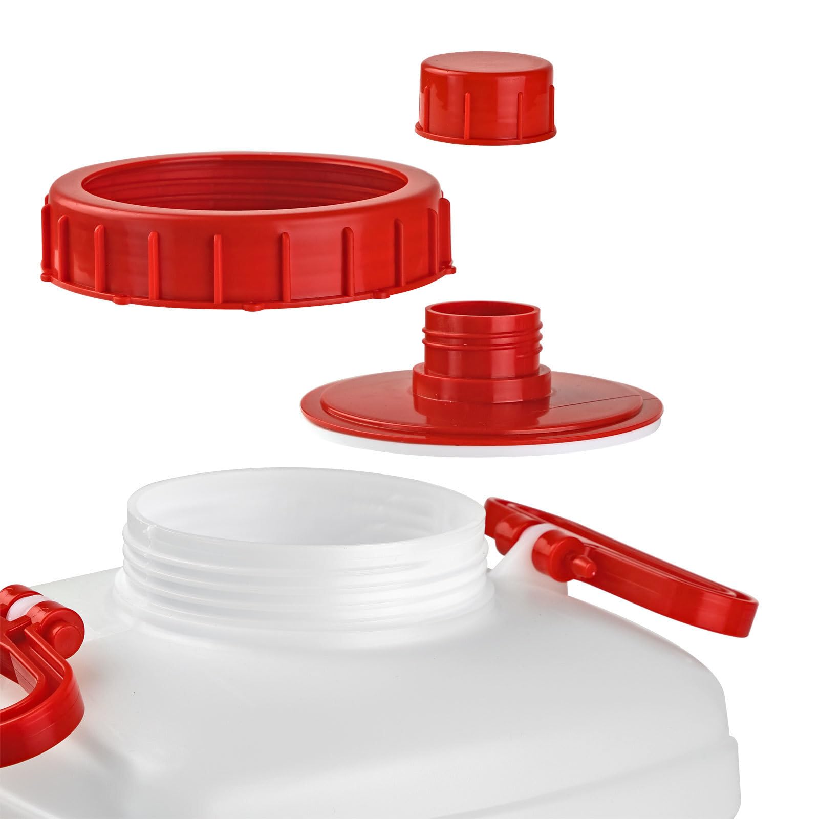 Bottiglione in plastica (HDPE), quadrato con collo largo e rubinetto, capacità 20 Lt, maniglia in ferro e tappo a vite (incluso) (20 Lt - Modello Maniglia Centrale)