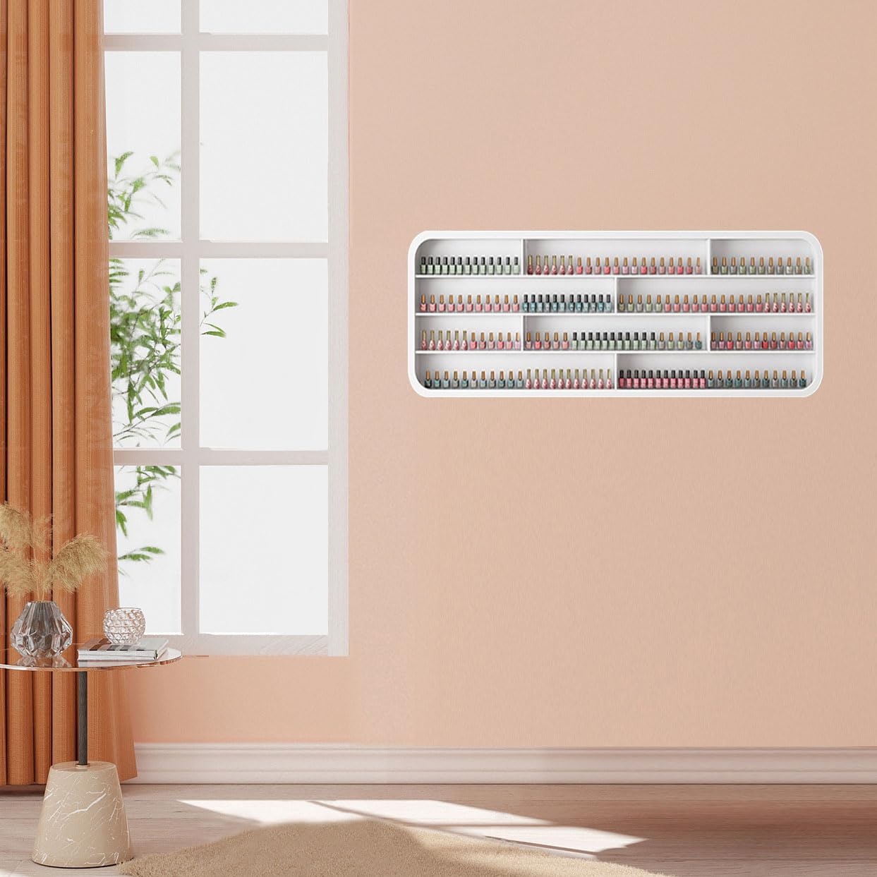 Porta Smalto per Unghie Bianco da Parete, Mensola da Parete in Legno per Profumi, Organizer Multistrato per Oli Essenziali, per Salone di Bellezza Domestico,1.2m