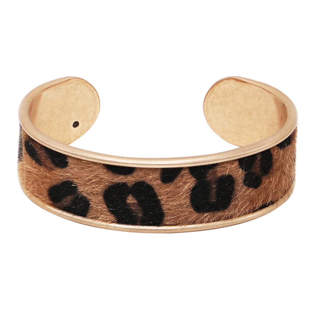 Rosemarie & Jubalee Women's Get Wild Animal Safari Faux Leather Cow Hide with Hair Leopard Spot Open Cuff Bracelet, 2.75"