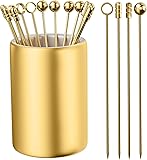 Metal Cocktail Picks 12Pack+Holder Kit, 304 Stainless Steel Toothpicks, Reusable Cocktail Skewers, Garnish Picks Bloody Mary Skewers, Martini Picks for Olives Appetizers Fruit (Mix Gold)