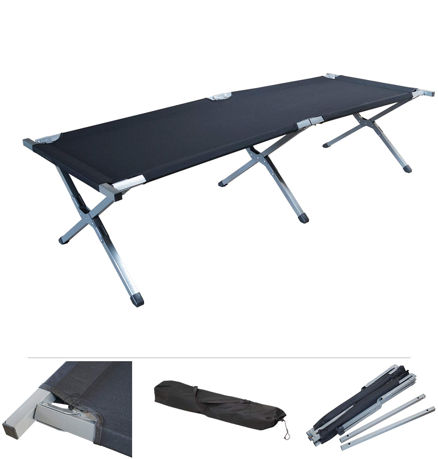 Grafner XL Feldbett mit Transporttasche, belastbar bis 150 kg, bequemes 600D Oxford-Gewebe – in schwarz, Klappbett Gästebett