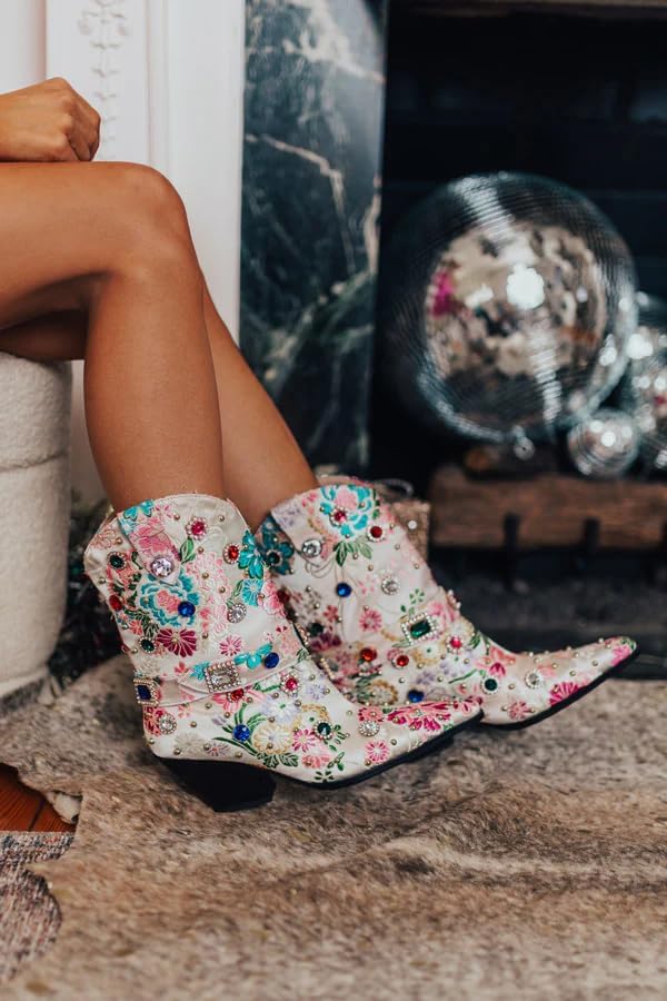 Western Cowboy Boots For Women Flower Embroidered Rhinestone Mid Calf Pointed Toe Chunky Heel Cowgirl Boots - Image 3