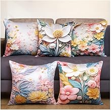 Vendola 3D Decorative Satin Sofa Cushion Covers Set of 5, 16 inch x 16 inch, Sofa Pillow Cover, Pink and White, Floral Design, Zipper Closure (Dreamscape, 16X16 Inches)