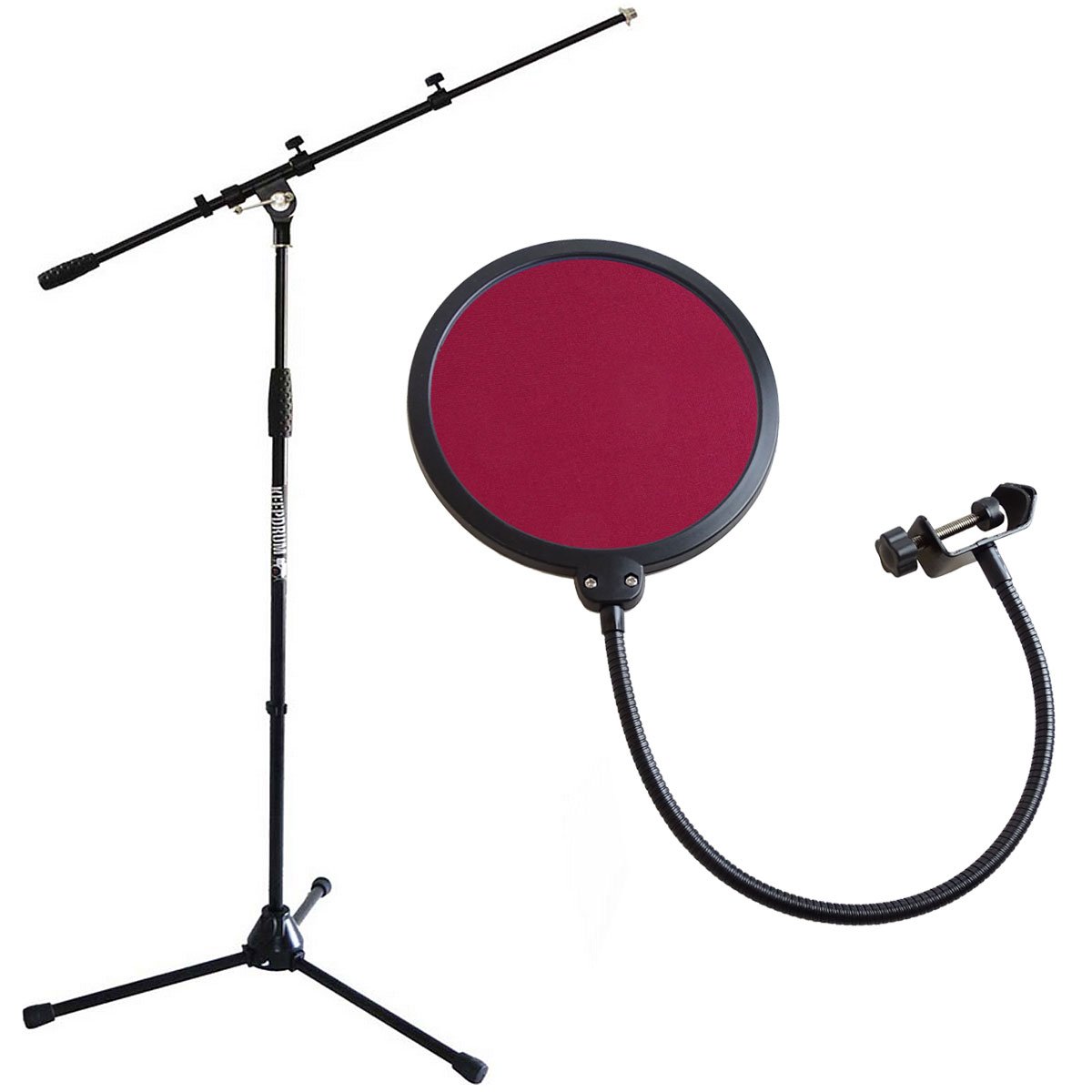 keepdrum Mikrofonständer mit Galgen Schwarz + Popschutz Popfilter Rot