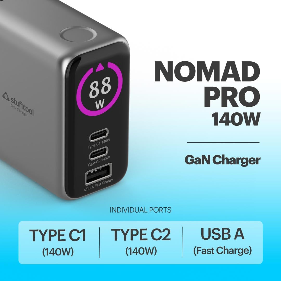 Stuffcool Nomad Pro 140W GaN Charger PD 3.1, AVS, TFT Display, SFC 2.0, iPhone 18/18 Pro/Duo 50% in 15 Mins, MacBook Pro, Pixel 11, Laptops, Smartphones,Gaming Laptops, EU/US/UK Pins, 150+ Countries — Amazon image 3