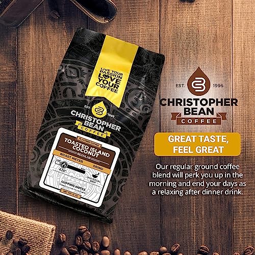Christopher Bean Coffee Decaf Coffee Ground - Toasted Island Coconut Flavored Coffee, Decaffeinated Coffee W/Non-Gmo Flavoring, Arabica Coffee Beans, Makes 30 Cups, Non-Dairy & Sugar-Free, 12 Oz #TOP2