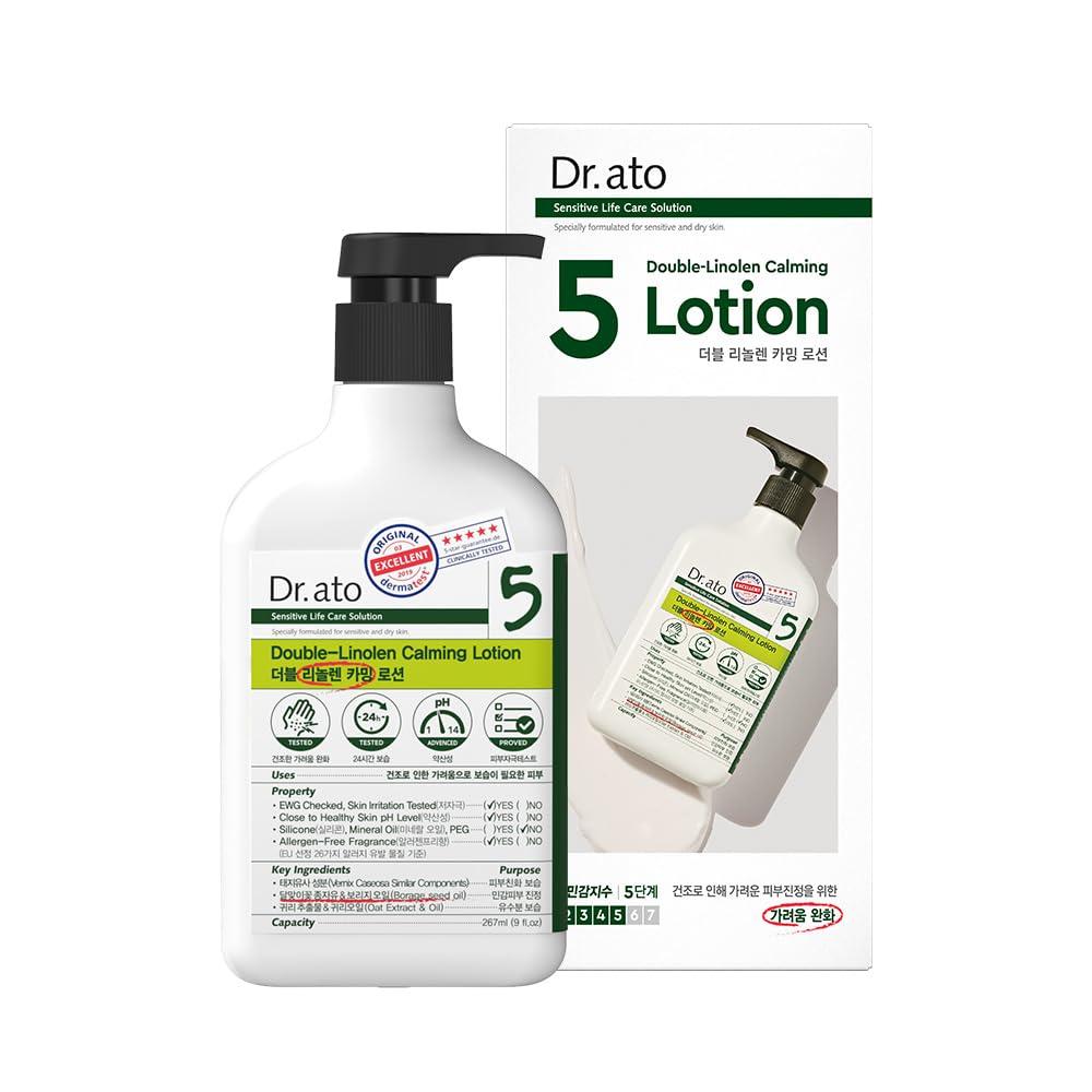 Dr.ato Skin Calming Lotion for Body & Face with Gamma-Linolenic Acid, for Dry and Itchy Skin, Vegan, Korean Skincare (10.4 Fl Oz)