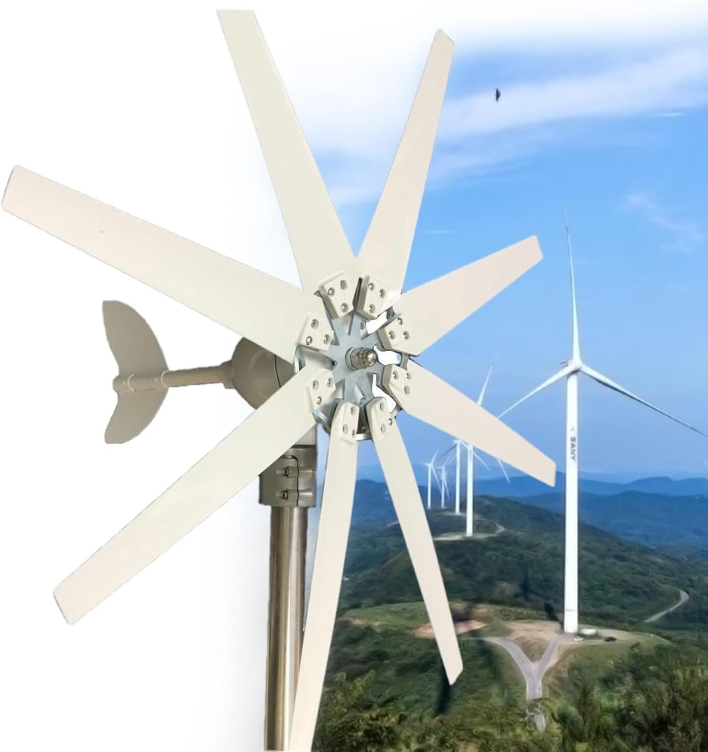 Wind Power Generator 12V 24V 48V 110V 220V Wind Turbine With 8 Blades And MPPT Controller Horizontal Wind Generator Solar Wind Power Kit for Terrace, Marine, Motor Home,Boat(24V)