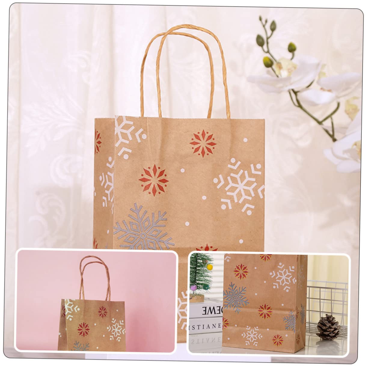 MUCKLILY 2 Set Eleganti Sacchetti Natalizi Assortiti in Carta Kraft Con Fiocchi Di Neve Sacchetti Per Bomboniere Multiuso Per La Spesa 20 Pezzi * 2