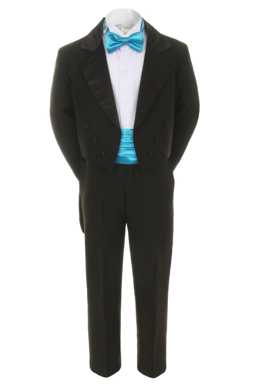 Unotux 7pcs Boys Black Suit Tuxedo Tail Turquoise Blue Bow Tie Cummerbund (S-20) (M:(6-12 Months))