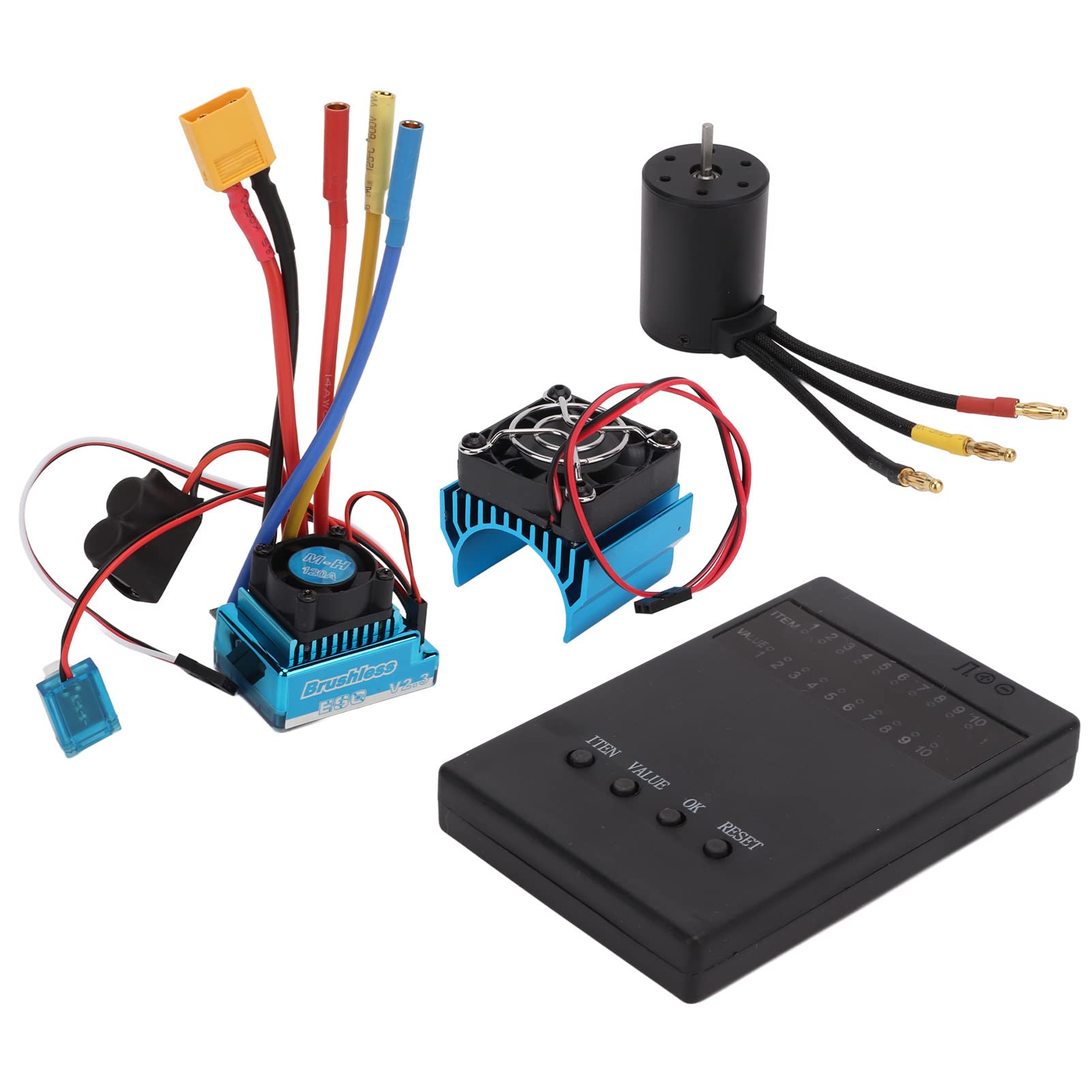 Silnik bezszczotkowy, do 1/8 1/10 RC – silnik o dużej prędkości 3650 2300 kV, 120 A ESC, wtyczka XT60, karta programowania, zestaw wentylatorów, wydajne rozdzielanie ciepła,