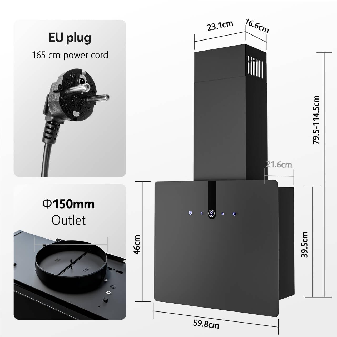 FIREGAS Campana Extractora de Pared con LED 60 cm, 487 m³/h, 9 Velocidades, Filtros de Carbón CC170, Ahorro Energético, Con Conducto, Negra
