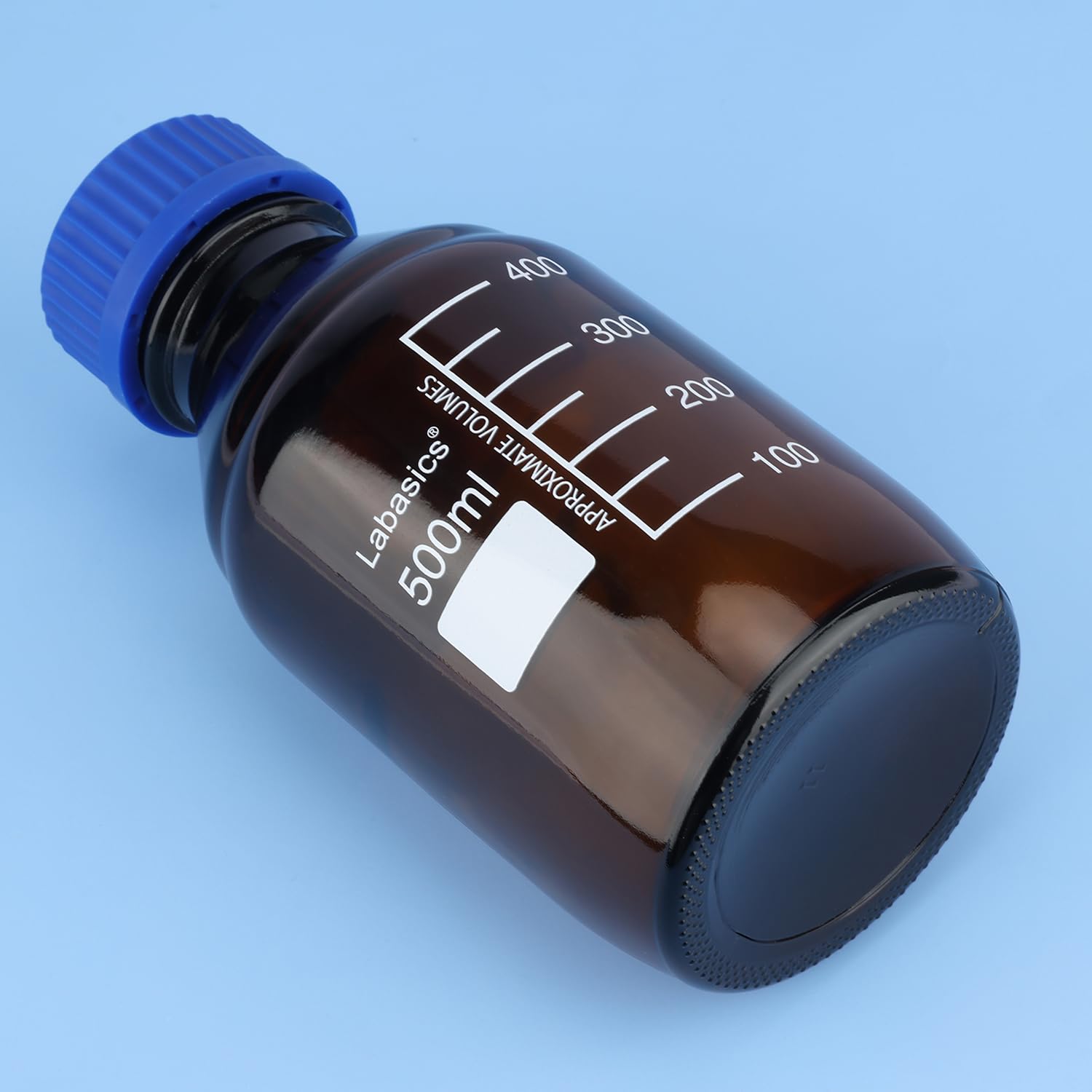 Labasics Reagenz Medien Vorratsflaschen, 1 Pack Bernsteinfarbene Glas Graduierte Runde Flaschen für Labor Reagenz Medienlagerung mit Blauer Schraubkappe, 500 ml