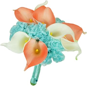Lily Garden Real Touch Calla Lily Coral and White and Carnation Turquoise Flowers Wedding Bridesmaid Bouquet