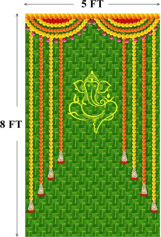 Image of Banana Leaf Design Backdrop Decoration Pooja Cloth (5 * 8 FT) (Banana 12)