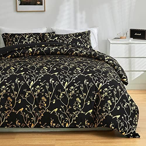 Freyamy Bed Linen 155 x 220 cm 2Piece Black Gold Flowers Glitter
