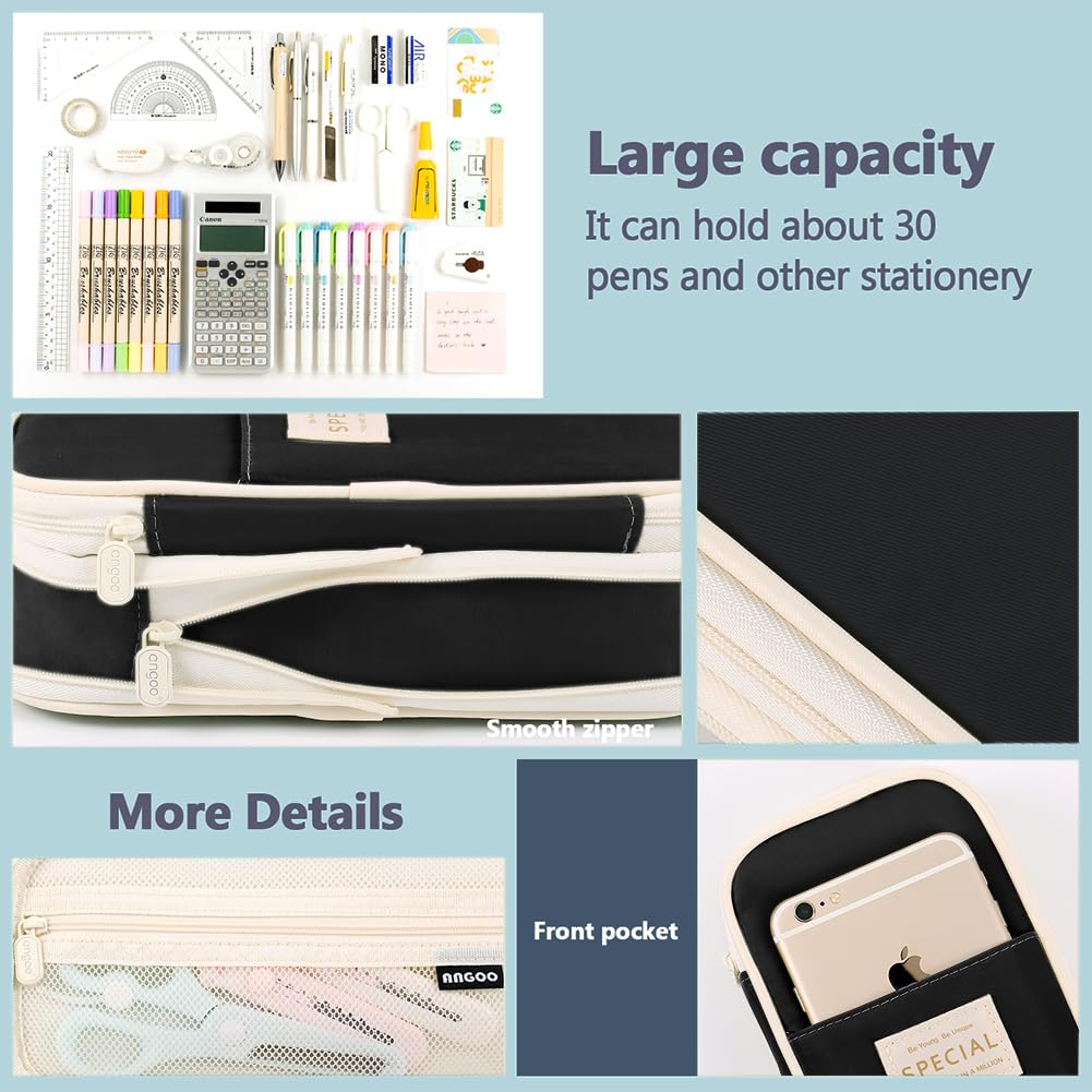 MAMUNU Big Capacity Pencil Cases with Compartments Pencil Pouch Aesthetic for Teen Students Expendable Stationery Organizer Pen Bag for College School Office (Black) - Image 4