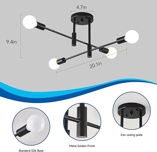 Miniatura 2 de Candelabro Sputnik moderno, 4 luces industriales semiempotradas para techo, accesorios de iluminación de montaje en techo de granja para comedor,