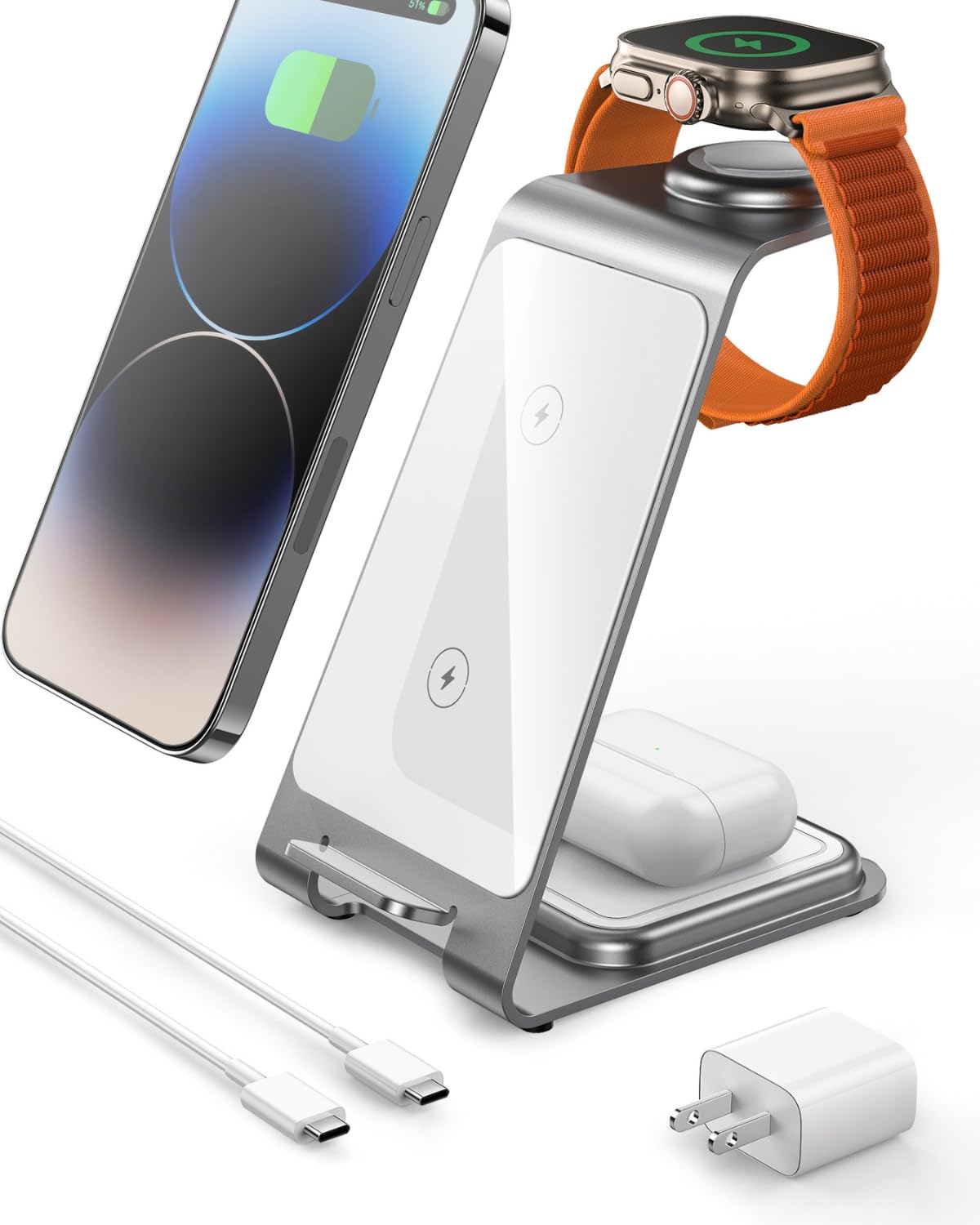 Intoval 3-in-1 Wireless Charging Station for iPhone 15 Pro/15/15 Pro Max/14 Pro/14/14 Pro Max, Apple Watch 9/Ultra 2/SE/8/7/6/5/4/3/2, AirPods Pro/Pro 2/3 (Y93, Silver)