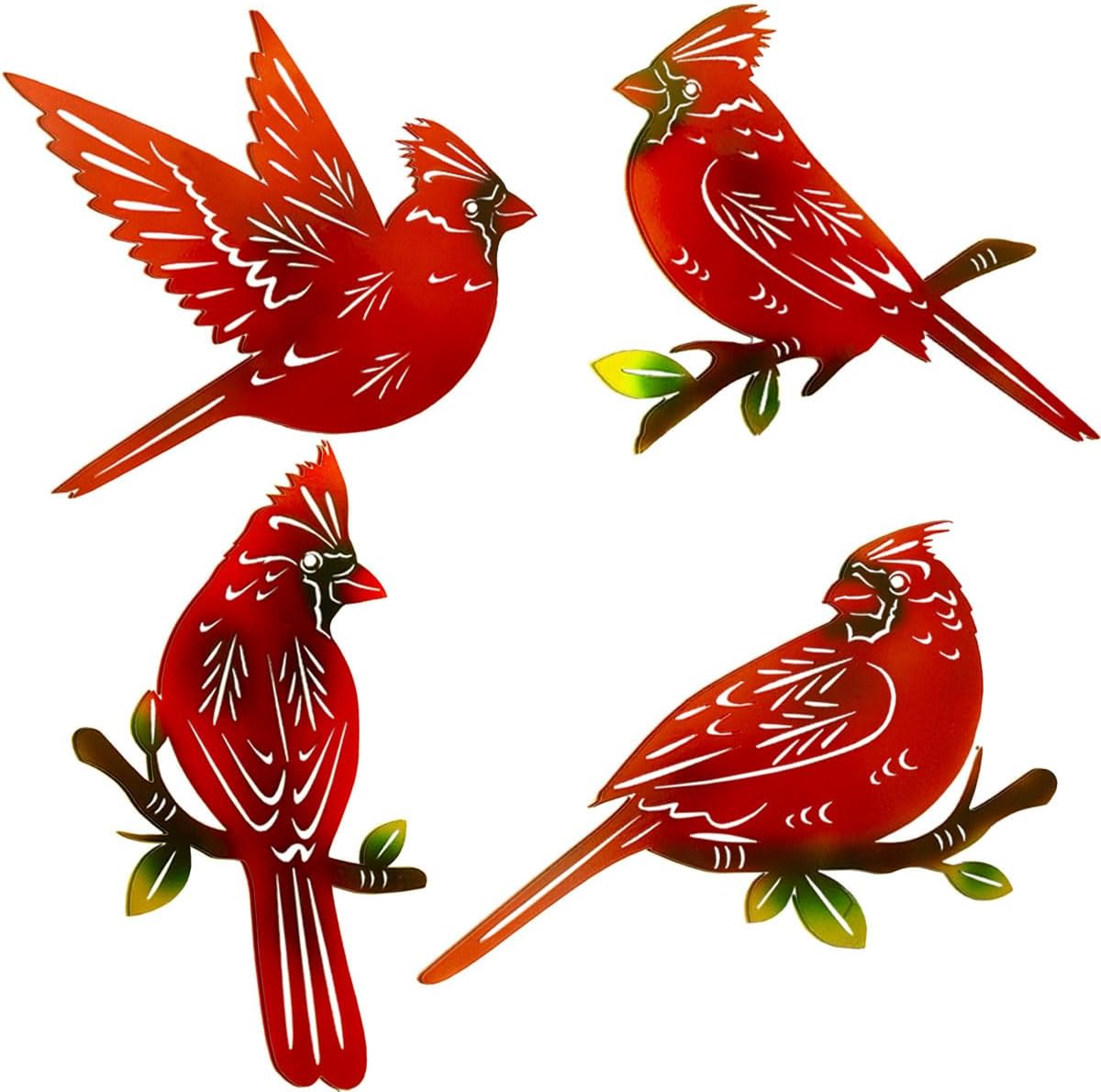 4 Pack Metal Cardinal Wall Art Decor Metal Birds 3D Outdoor Sculpture, Ornaments Hand-Made Nimble red Bird, Gifts for Mom,Birthday Gifts for Grandma Wife red 04bird