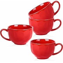 vicrays Jumbo Soup Mug Coffee Large - 27 oz Ceramic Wide Oversized Extra Big Handle Bowls Latte Friends Mug Set Gaint Cereal Oatmeal Cappuccino Cup Set of 4 - Red