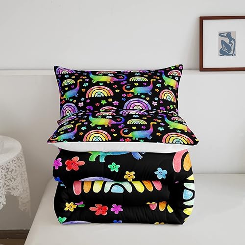 Miniatura 5 de Erosebridal Juego de ropa de cama de dinosaurio para niños, juego de edredón de arcoíris para niñas, juego de edredón de flores coloridas, juegos de