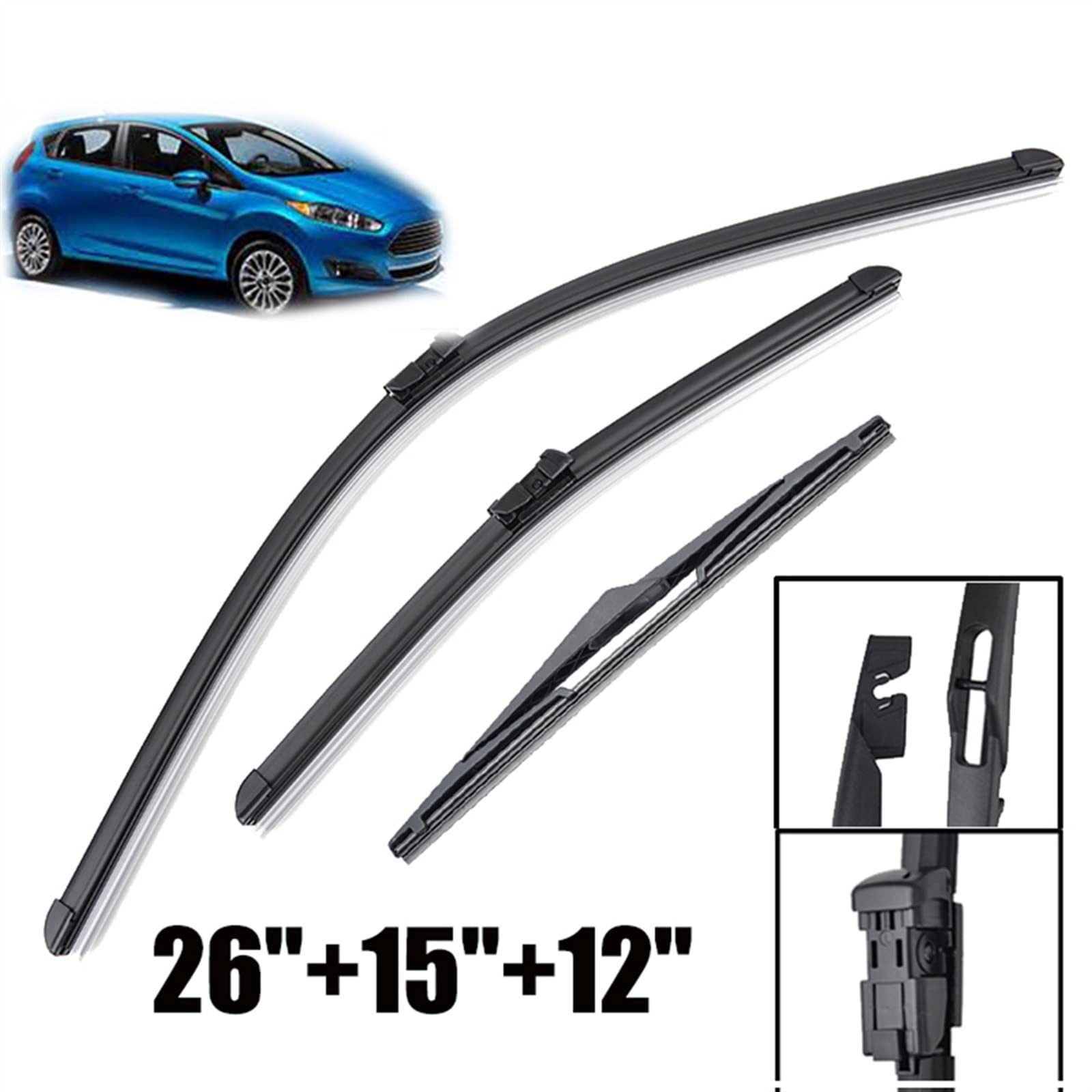 Auto Tergicristallo 26 "15" 12 "Spazzole Tergicristallo Parabrezza Auto Anteriore Lunotto Posteriore Tergicristallo Per Ford Per Fiesta MK6 2008-2012 2013 2014 2015 2016 (Color : Left Hand Drive)