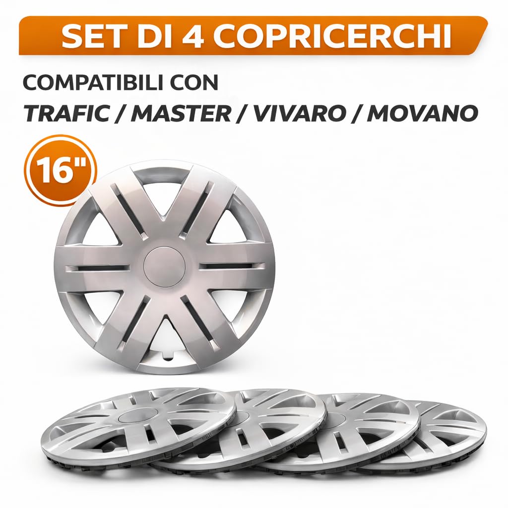 Set Copricerchi 16 Pollici per Trafic Master Vivaro Movano - Set 4 Coppe Ruota in ABS Silver - Copriruota Resistenti con Fissaggio ad Anello Metallico