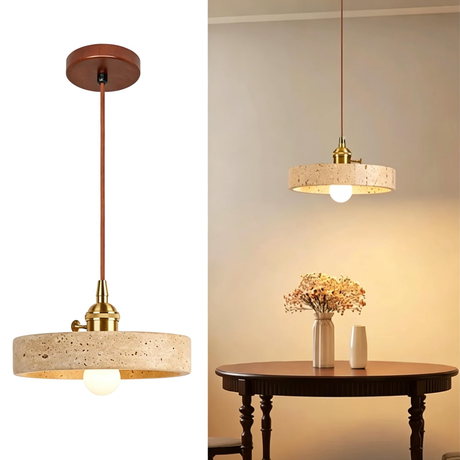 Kikioo Japanese Wabi-Sabi Travertine Copper Pendant Light for Kitchen Dining Room