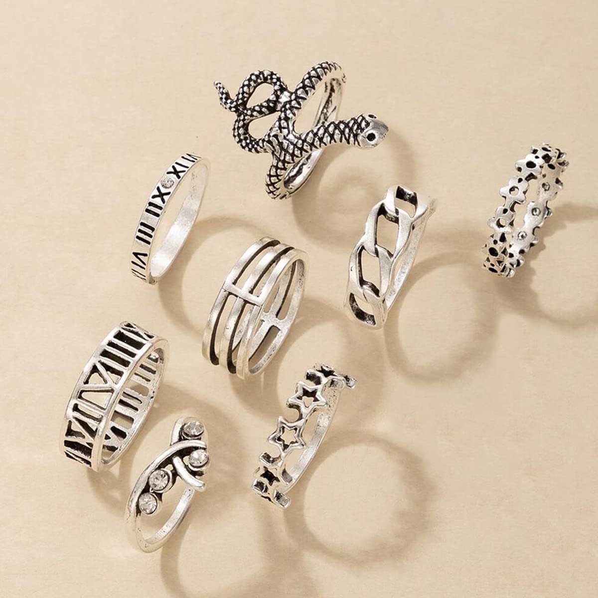 Silver Plated Snake Stackable Rings Set of 9