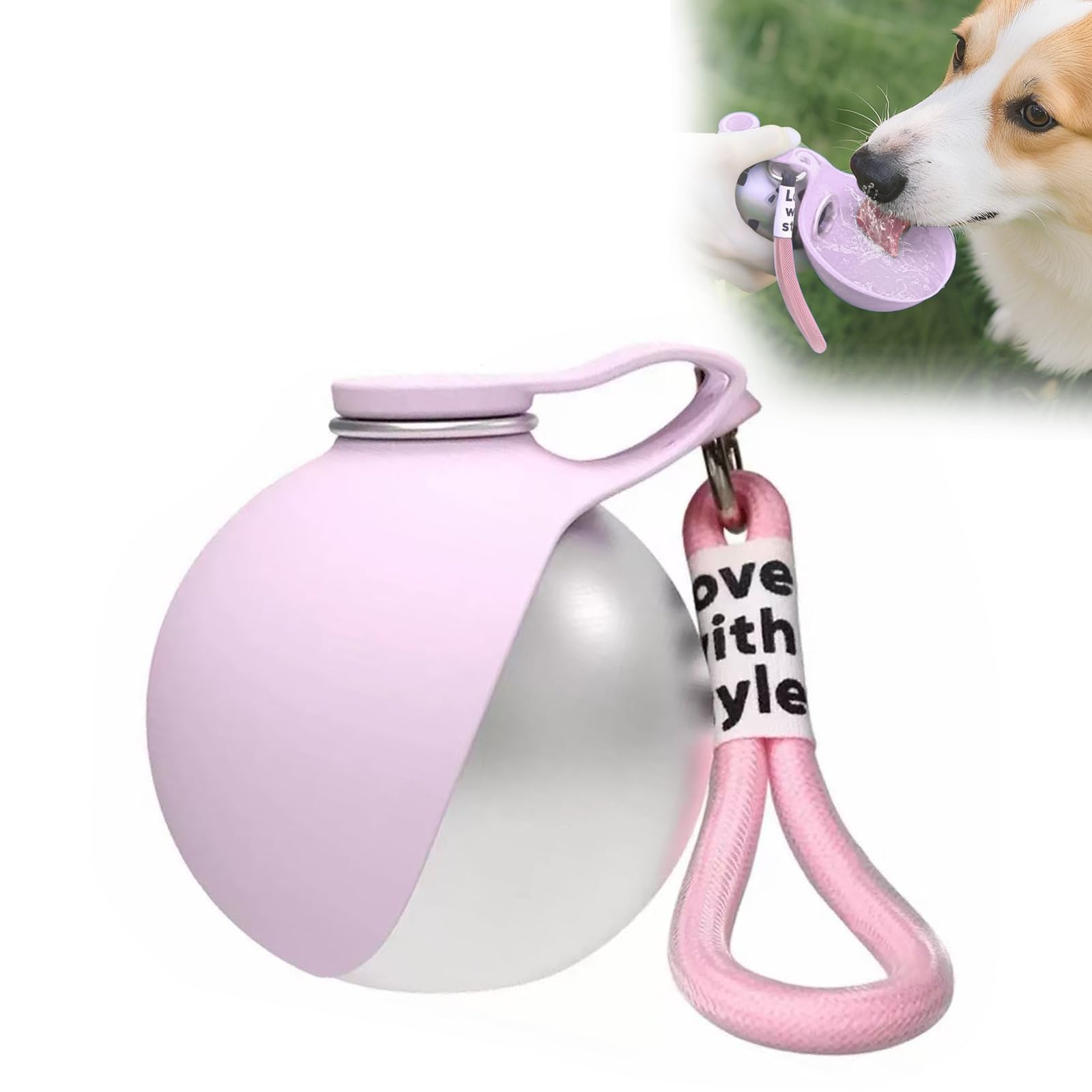 Stainless Steel Dog Water Bottle - 285ml Water Feeder Leak Proof Puppy Water Dispenser with Foldable Silicone Bowl,2-in-1 Portable Dog Water Bottle for Pets Outdoor Walking,Hiking,Travel (Pink)