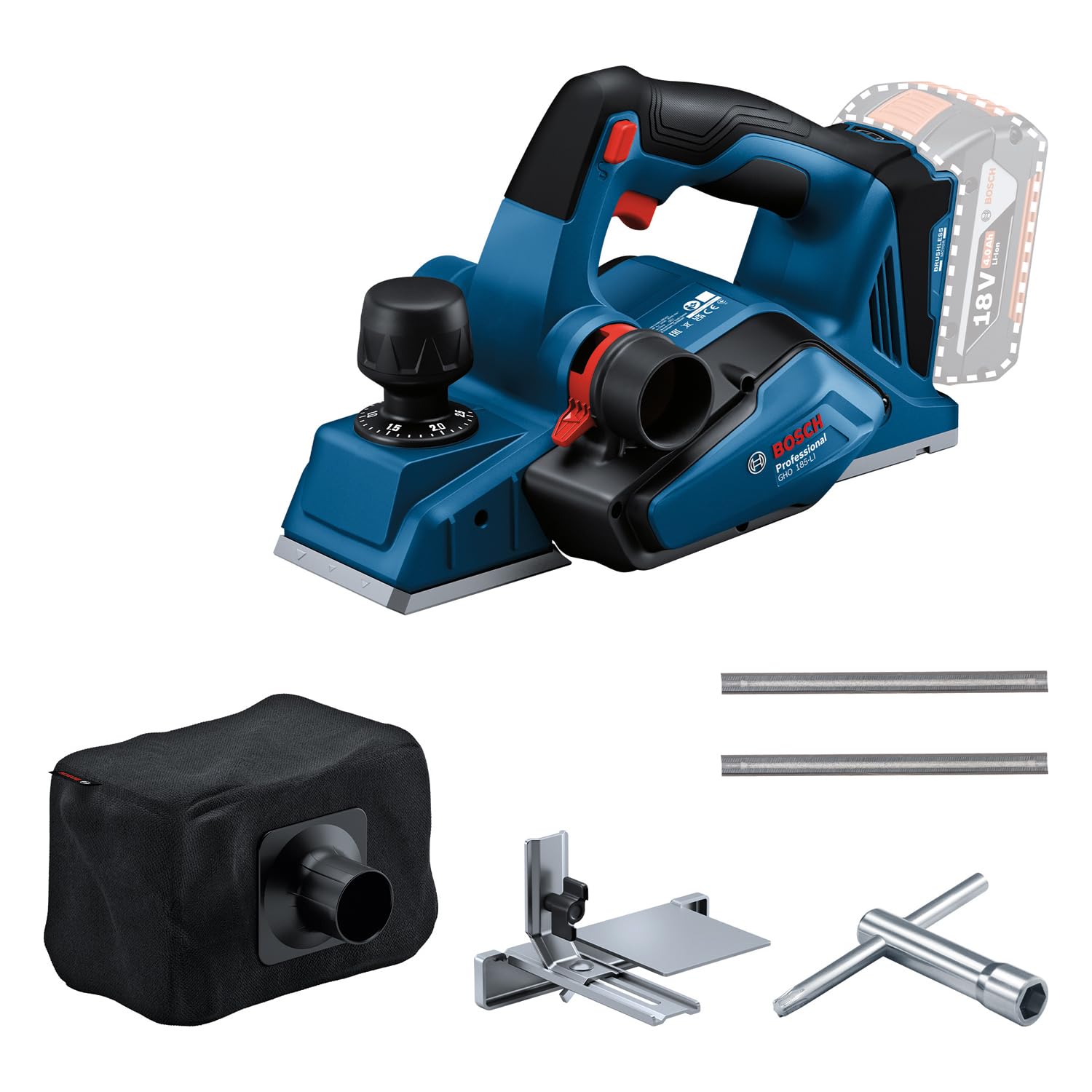 Bosch Professional Sistema de 18V: planchas inalámbricas GHO 185-LI (llave de montaje, mango de guía, bolsa de polvo)