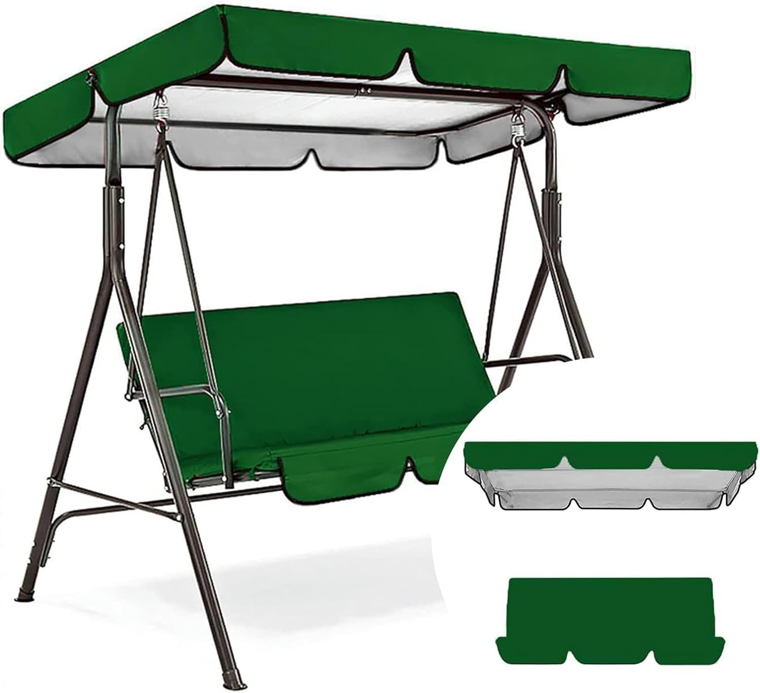Outdoor Swing Canopy Replacement Cover Swing Cushion Cover 2/3 Seater, Waterproof Garden Seater Sun Shade Porch Hammock Patio Swing Cover, 65x45x6inch/164x114x15cm, Green