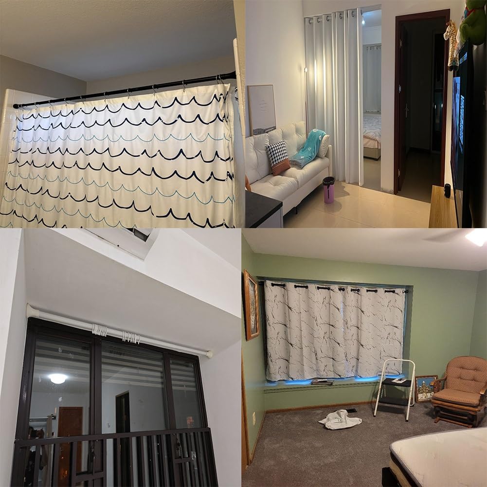 Barra telescópica de tensión ajustable para cortinas de ducha para ventanas y terrazas, diámetro extensible sin taladrar, con bandeja para tarjetas, color negro (410-500 cm)