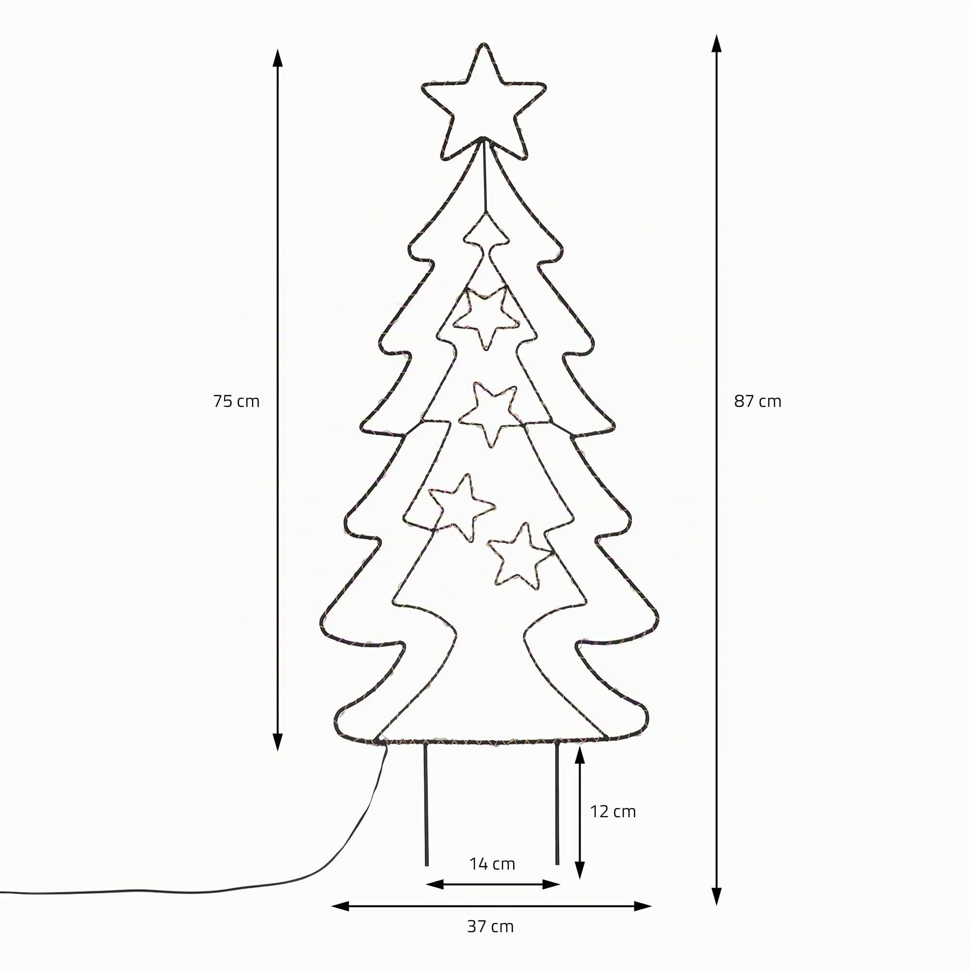 ECD Germany LED Gartenstecker Weihnachtsbaum Tanne 87cm 90 LEDs Warmweiß 6 Std Timer Batteriebetrieben Innen/Außen Metall LED Baum Weihnachten Dekoration Garten Deko Tannenbaum beleuchtet Lichterbaum