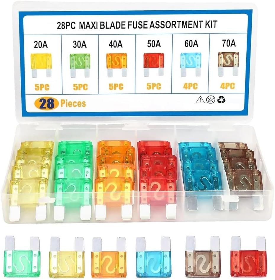 28 Pieces Maxi Blade Fuse Assortment, 20A 30A 40A 50A 60A 70A Big Fuse Kit, Large Size Fuses for Car, SUV, Motorcycle, Truck