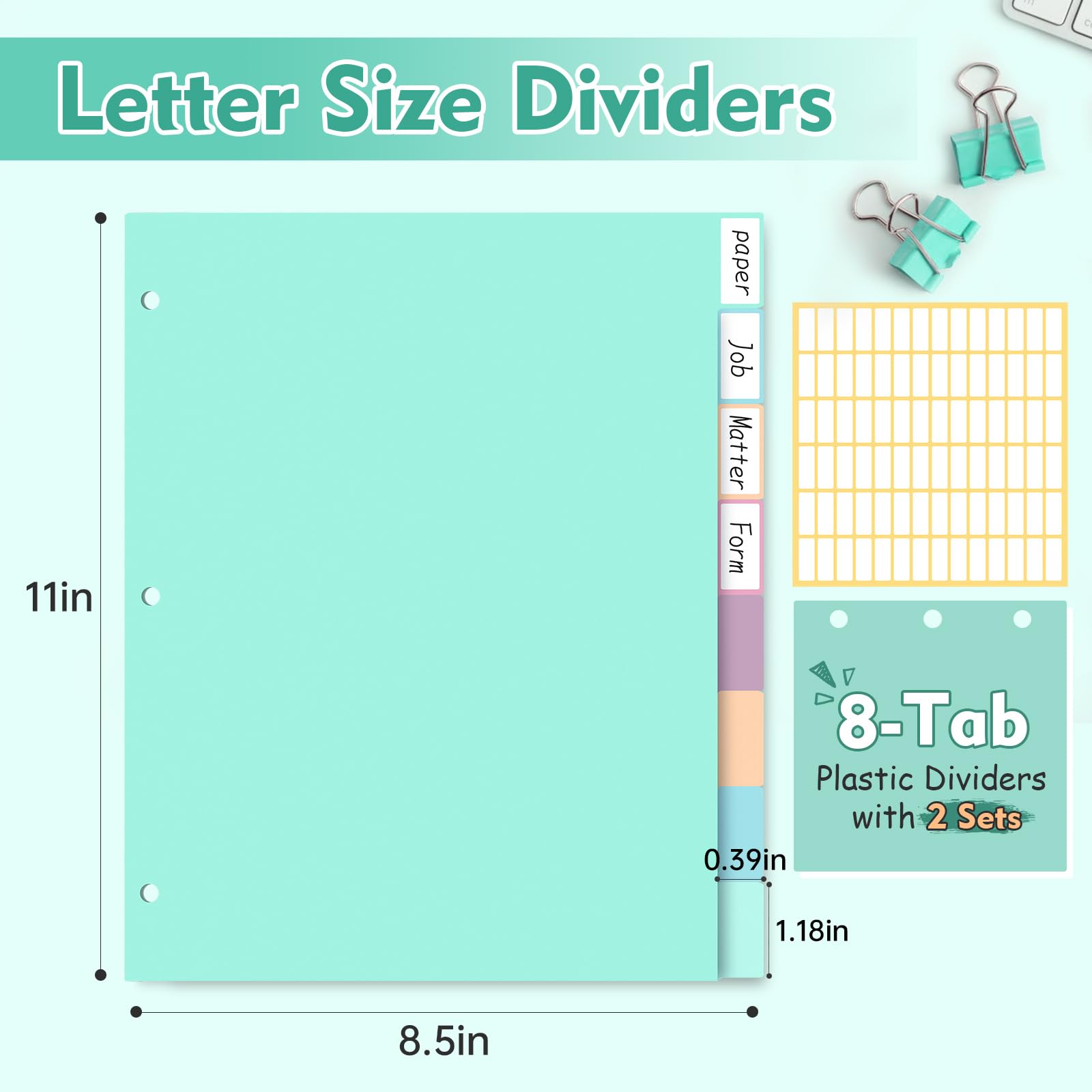 Divisores de carpeta de plástico con pestañas, 8 divisores de pestañas, separadores de páginas coloridos para carpeta de 3 anillos (8)