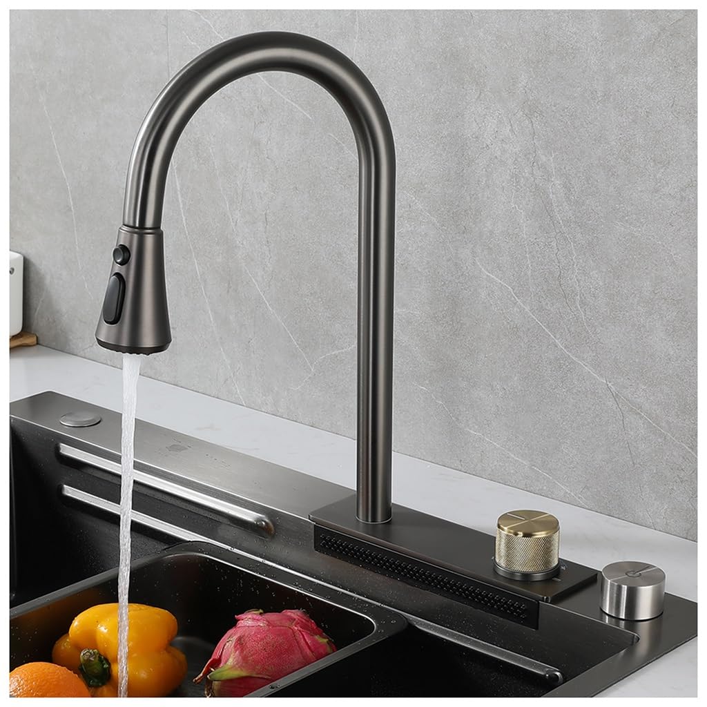 FCXWEVR Multifunctional Kitchen Faucet with 360° Swivel Pull-Down Sprayer Cascade Design Easy to Clean Modern Sink TapStylish Kitchen Essential