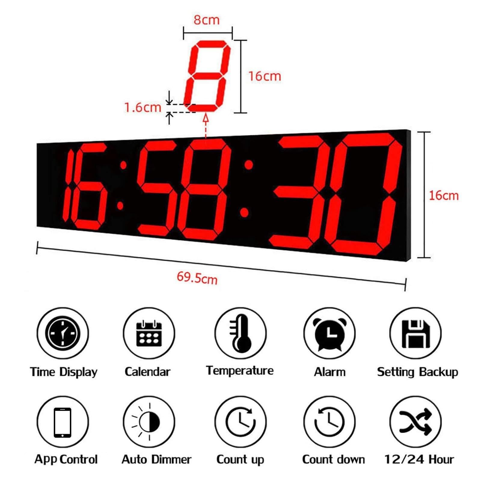 Orologio da parete digitale a LED, controllo WiFi tramite Internet, cronometro integrato, conto alla rovescia, sveglie, temperatura, memoria di spegnimento, per ufficio, casa, cucina, palestra, blu