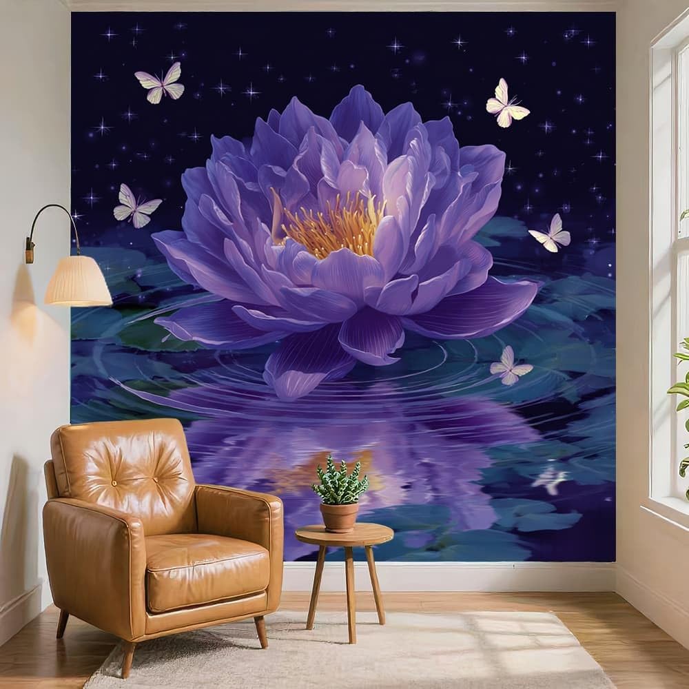 Tapeta HD malowidła ścienne 250 x 175 cm malowany wzór motyla lotosu 3D nietkana fototapeta do sypialni salonu dekoracja ścian, fioletowa, odporna na porosty, łatwa w instalacji, artystyczna naklejka