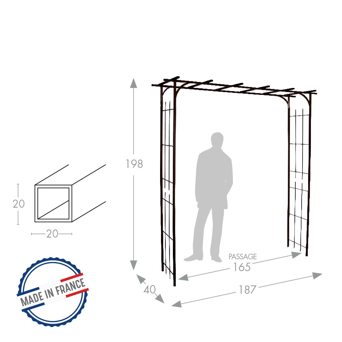 Louis Moulin Grande Pergola Tube carré pour Plante grimpante Fer Vieilli 187 x 40 x 198 cm 3036