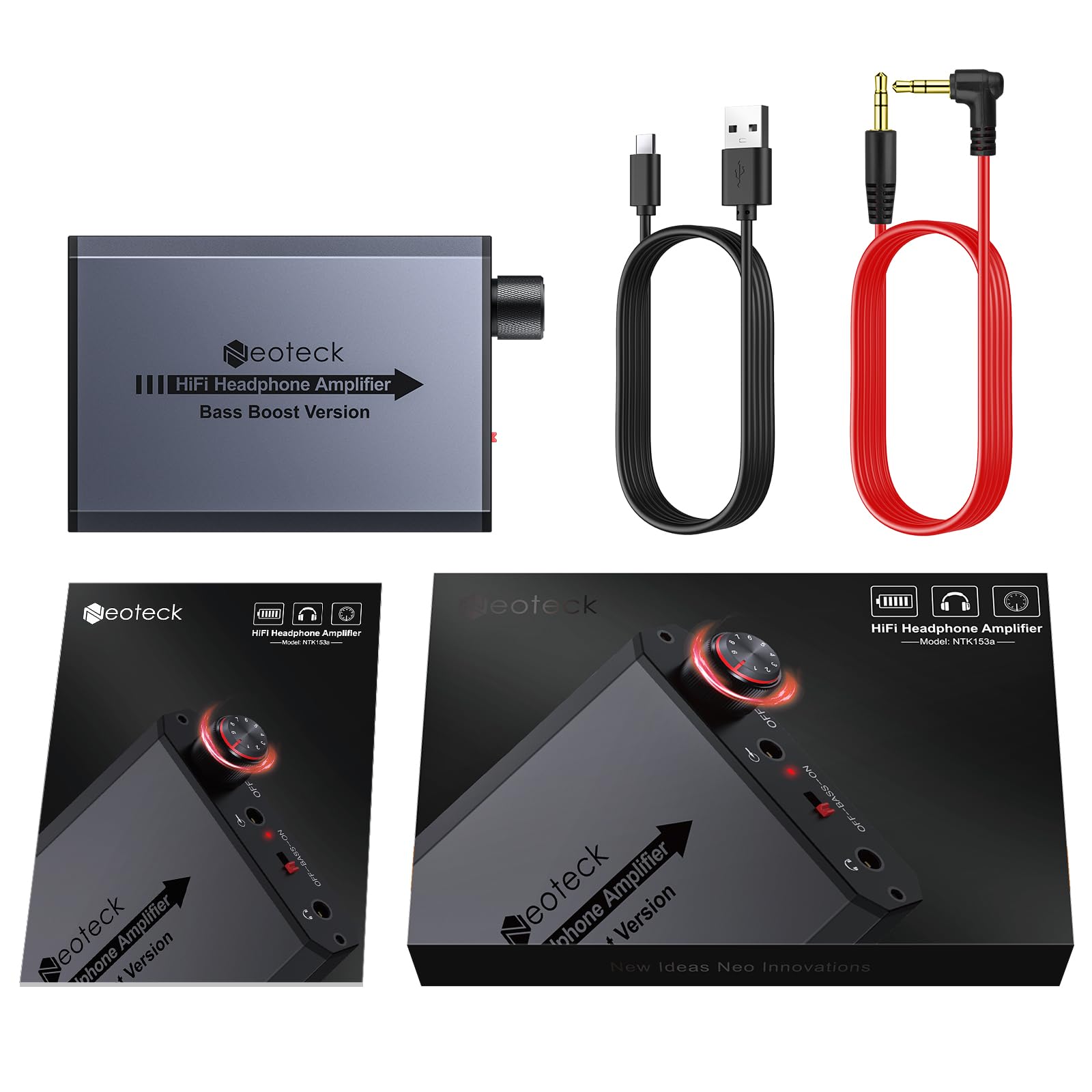 Neoteck 16-300Ω Amplificatore per Cuffie Portatile Ricaricabile con Bass Boost HiFi Amplificatore Cuffie 3.5mm con 8h Autonomia, AMP in Aluminio Opaco per PC, Cellulari, Lettori CD, MP3/MP4