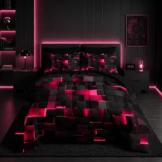 Nttopship Geometric Pink Black King Comforter Set,Light Honeycomb Bedding Set 7 Piece in A Bag,Bed Sheet Set Geometry Decor,Microfiber Lightweight All Season