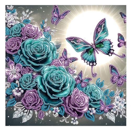 Image of Tontut Diamond Art Painting Kit, Blue and Purple Roses, Butterflies 5D DIY Localized Special Shape Diamond Art Painting Mosaic Crafts for Beginners.