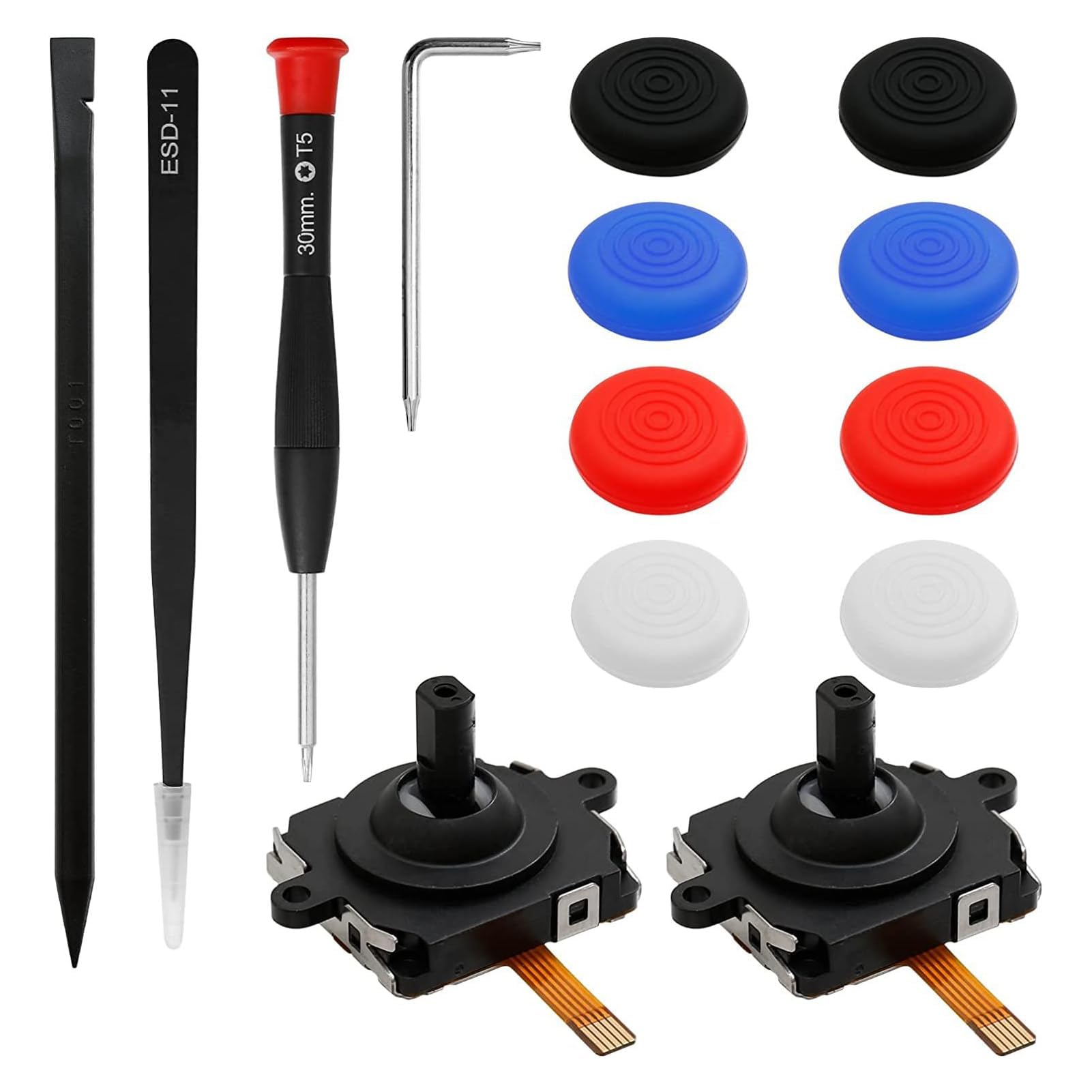 Defsedar Replacement Kit Compatible, Repair Kit for Quest 2 Controller, Include 2 Joysticks, T5 Screwdriver, Tweezer, Pry Tool, 8 Thumbstick Grips