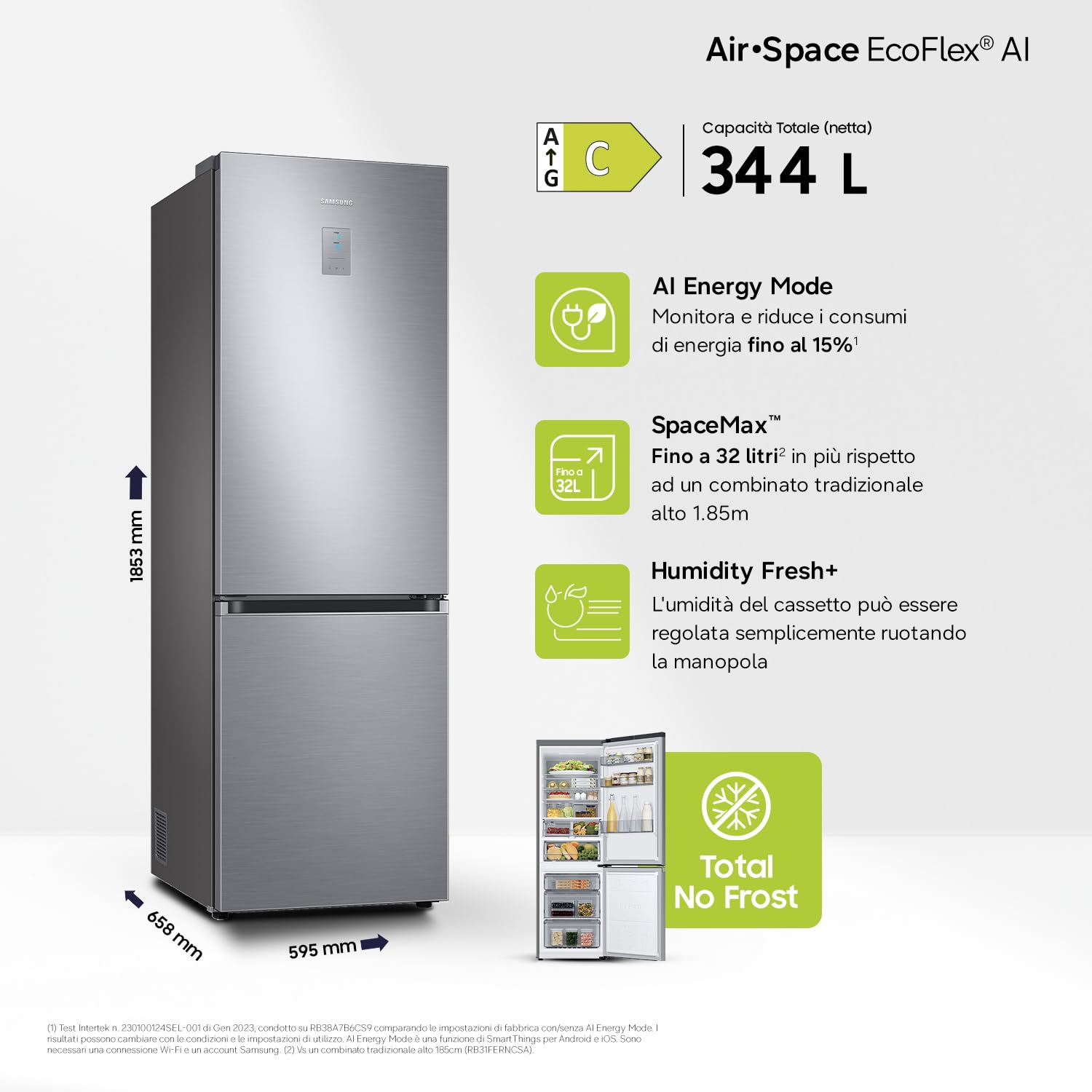 Samsung EcoFlex AI RB34C775CS9/EF - Frigorífico combinado, WiFi, SpaceMax, Total No Frost, All Around Cooling, Motor Digital Inverter garantizado 20 años, 344 L, L x H 59,5 x 185,3 x 65,8 cm, Metal
