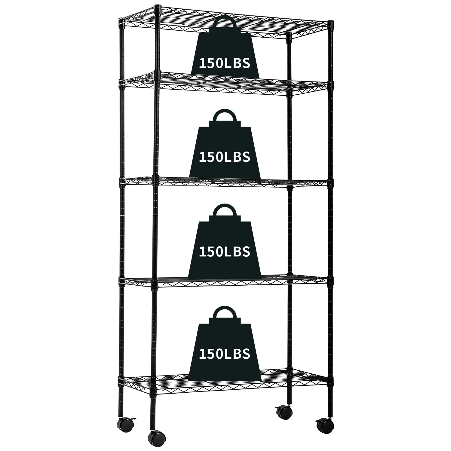 MGHH Garage Shelving, Metal Shelves 5 Tier Wire Shelving Unit Adjustable Heavy Duty Sturdy Steel Shelving Rolling Cart with Casters for Pantry Garage Kitchen, Black