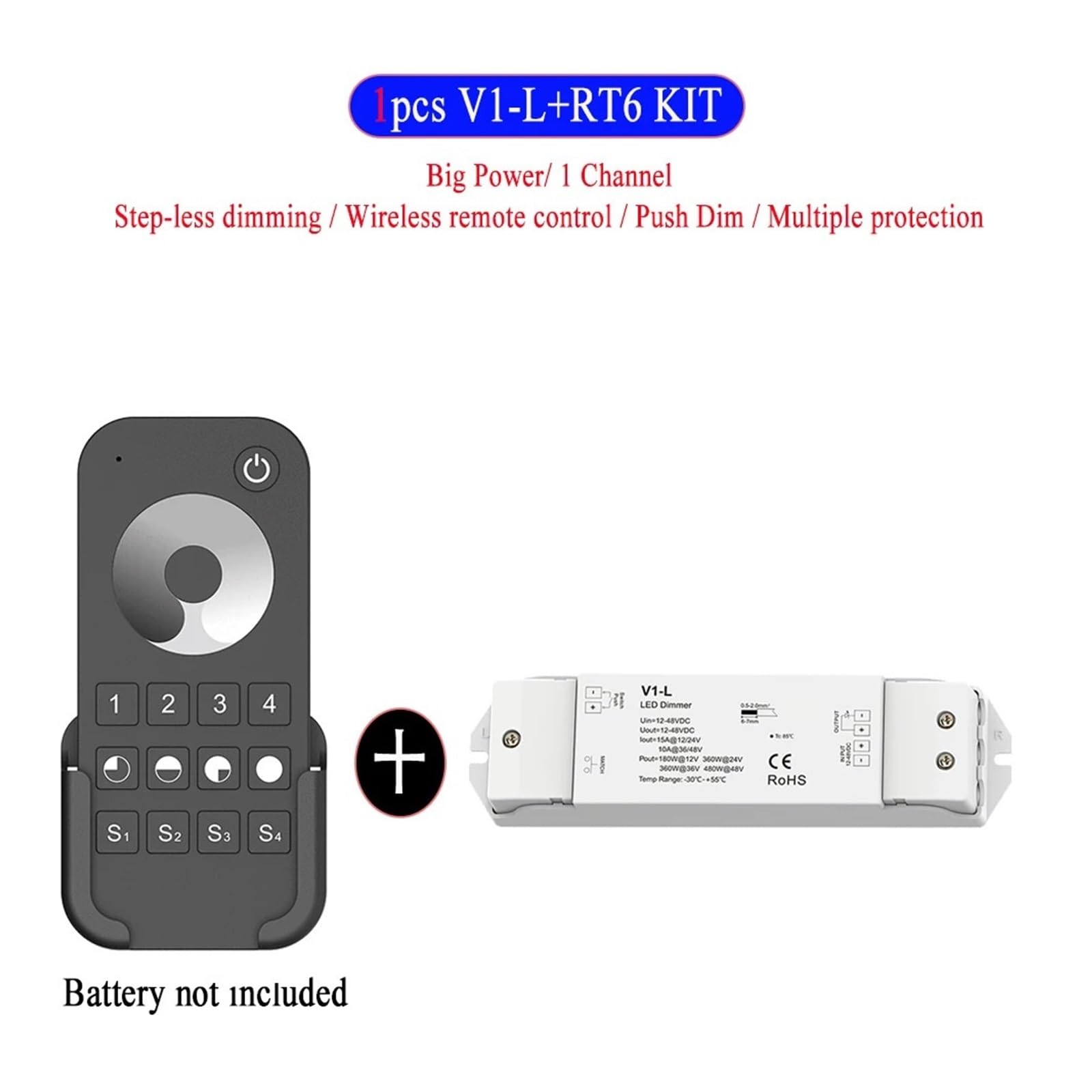Hochleistungs-LED-Dimmer-Set, 360 W, einfarbiger LED-Controller, 15 A DC, 12 V, 24 V, Dimmer mit Druckknopfschalter, Dimmung, 4-Zonen-Fernbedienung(1xV1-L and RT6 KIT)