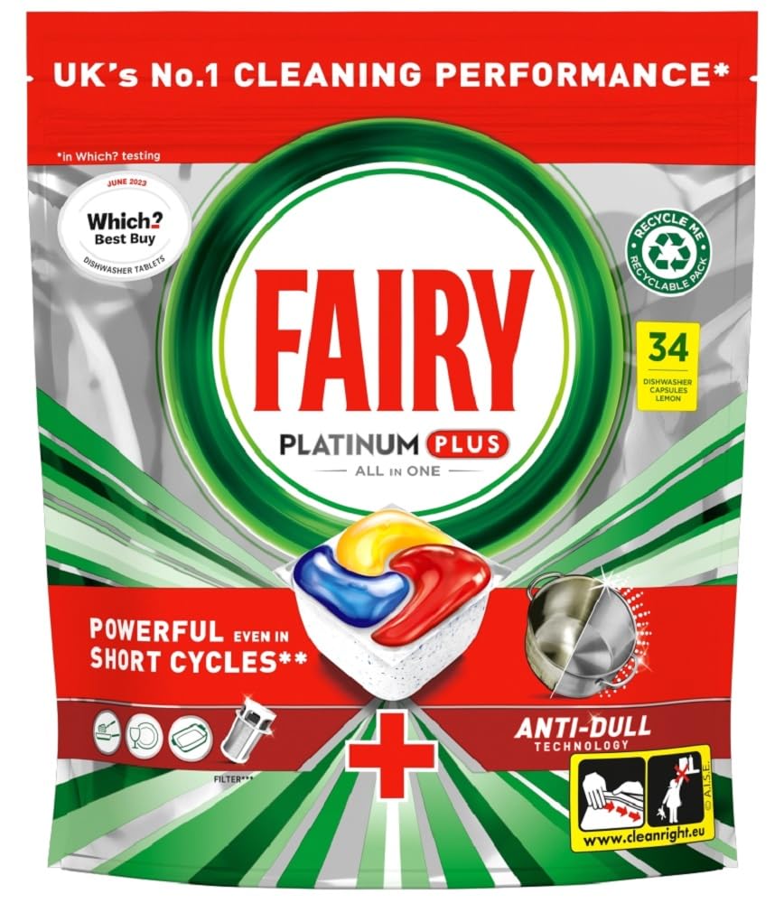 FairyPlatinum Plus All In One Dishwasher Tablets, Lemon, 34 Tablets, Our Best Cleaning For A Clean Like New, Removes Dullness & Prevents Limescale
