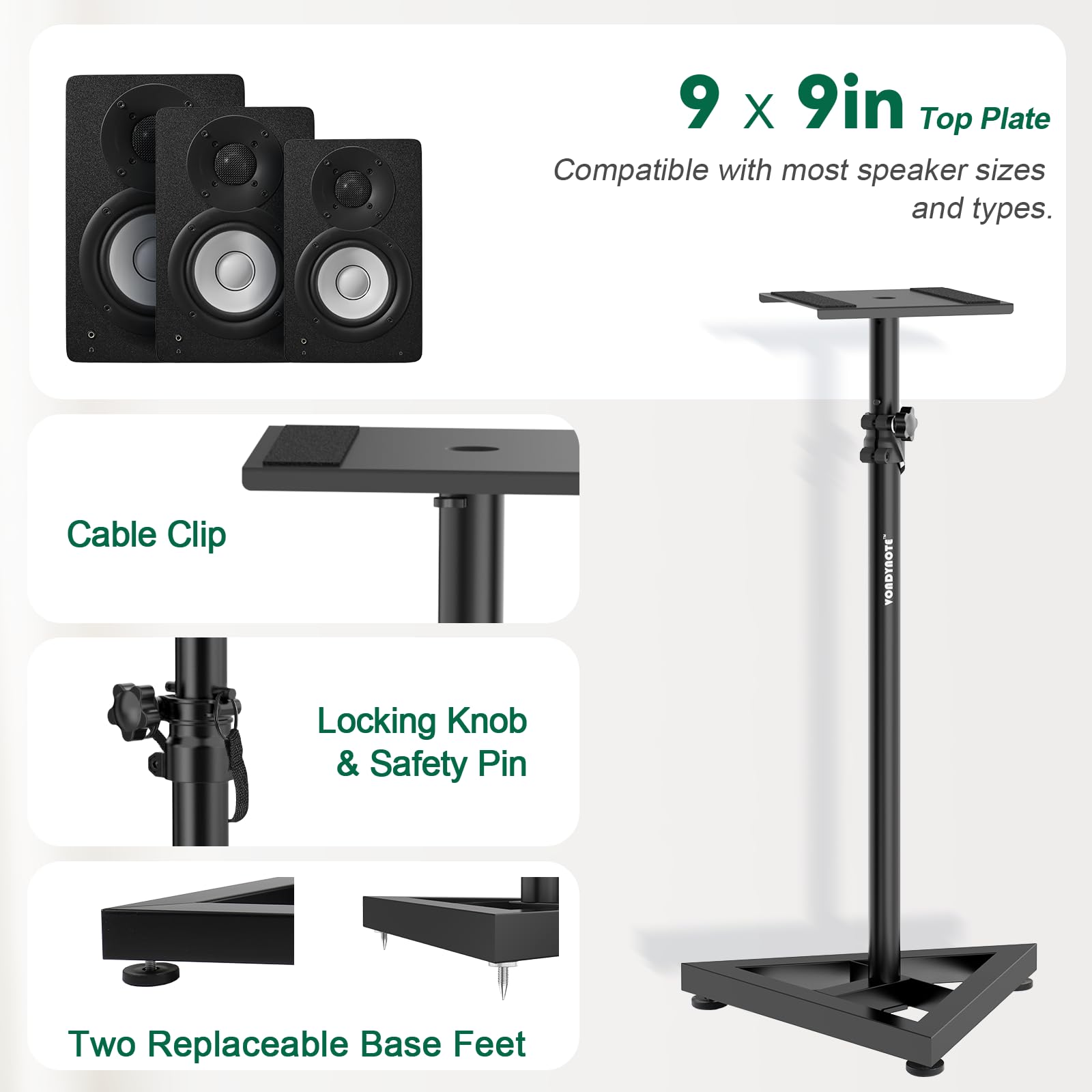 Vondynote Coppia di supporti per monitor da studio, regolabili in altezza, 82,8 - 129,3 cm, resistenti, con base triangolare a tre punti, per altoparlanti da pavimento